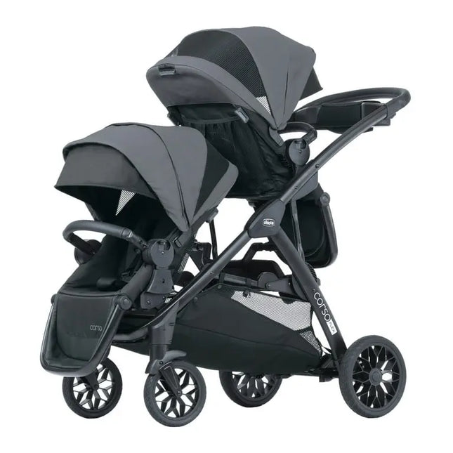 Black and gray double stroller on a white background