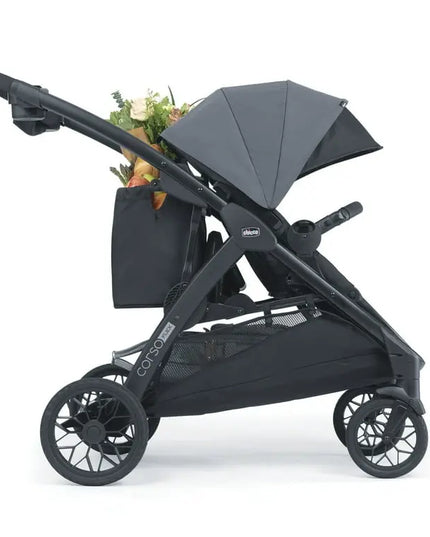 Black stroller with a gray canopy on a white background