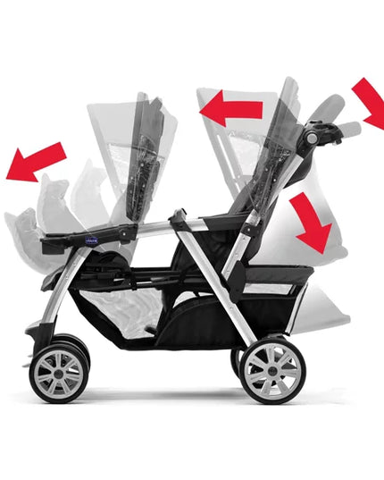 Double stroller with two facing seats and red arrows indicating directionality.