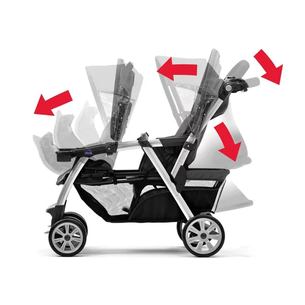 Double stroller with two facing seats and red arrows indicating directionality.