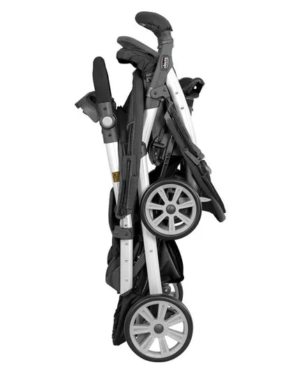 Folded stroller on a white background