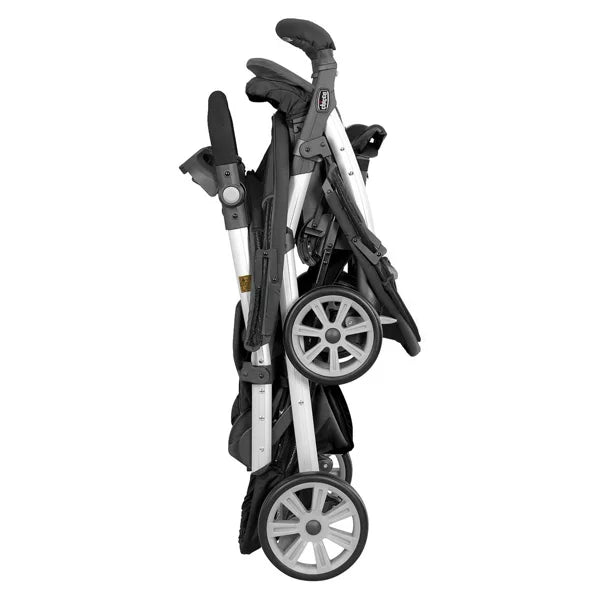 Folded stroller on a white background