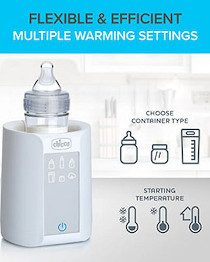 Baby bottle warmer with text 'Flexible & Efficient Multiple Warming Settings' on a blurred kitchen background