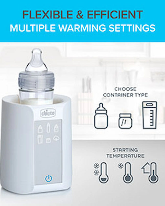 Baby bottle warmer with text 'Flexible & Efficient Multiple Warming Settings' on a blurred kitchen background
