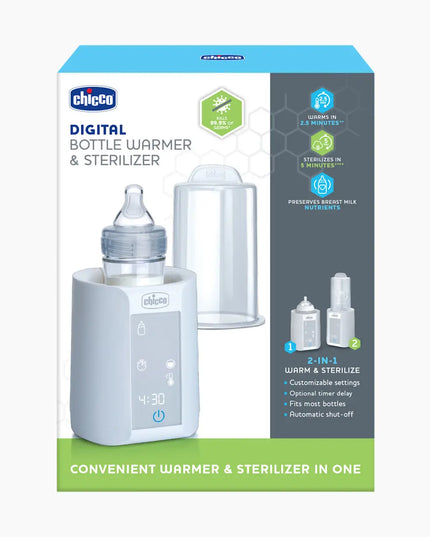 Chicco digital bottle warmer and sterilizer packaging on a white background