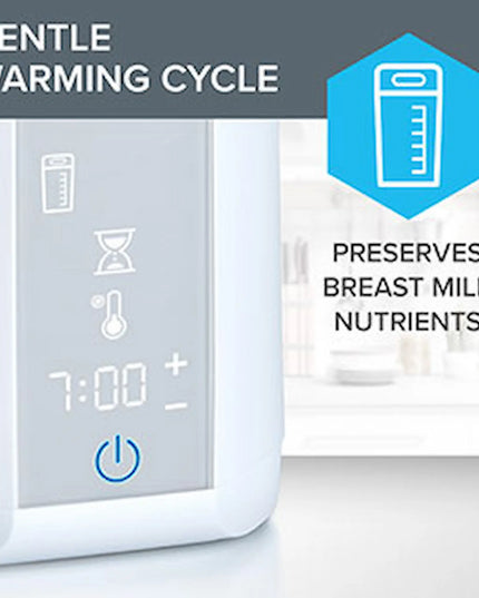 Digital breast pump with text about gentle warming cycle and nutrient preservation