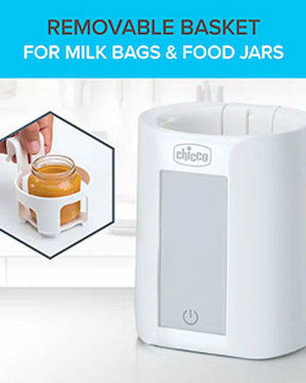 White baby bottle warmer with removable basket for milk bags and food jars, brand 'Chicco' visible.