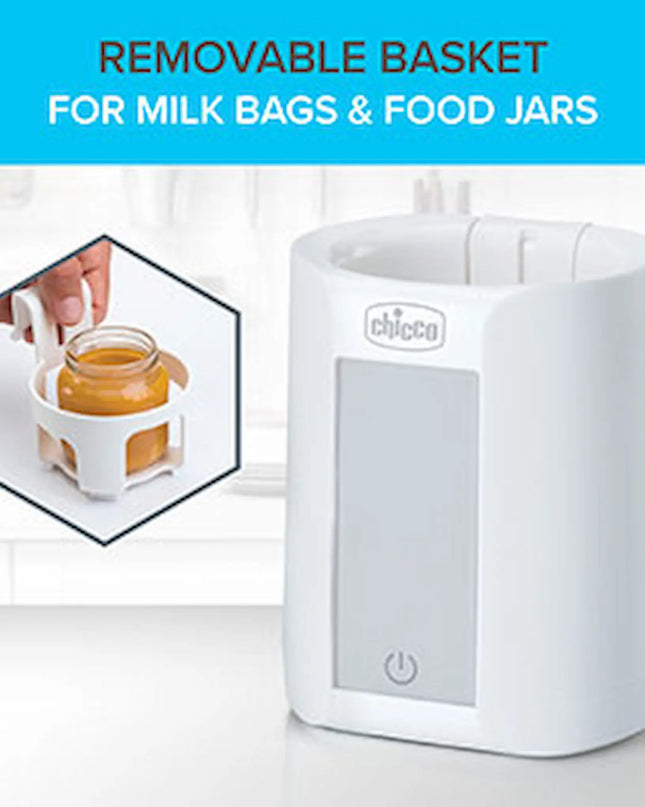 White baby bottle warmer with removable basket for milk bags and food jars, brand 'Chicco' visible.
