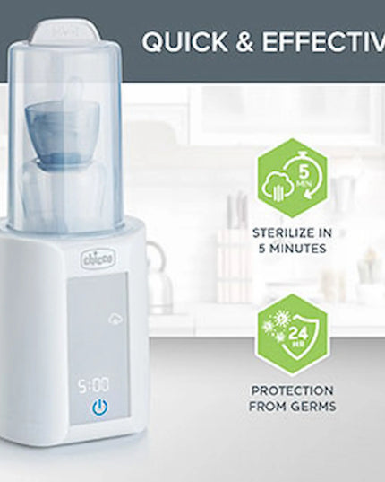 Product sterilizer with text 'Quick & Effective' and icons indicating sterilization time and germ protection.