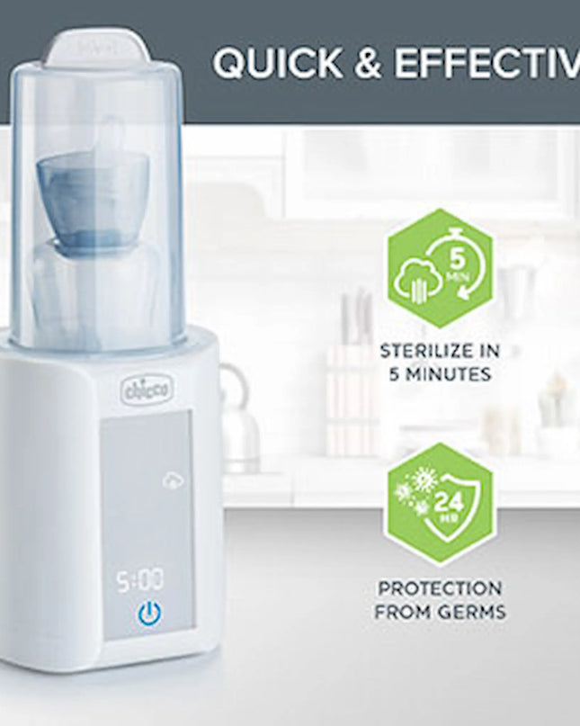 Product sterilizer with text 'Quick & Effective' and icons indicating sterilization time and germ protection.