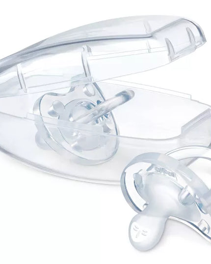 Clear baby pacifier with a case on a white background