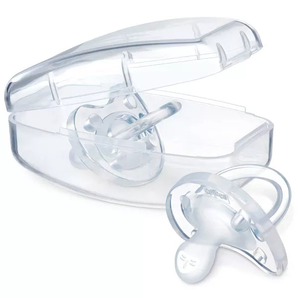 Clear baby pacifier with a case on a white background