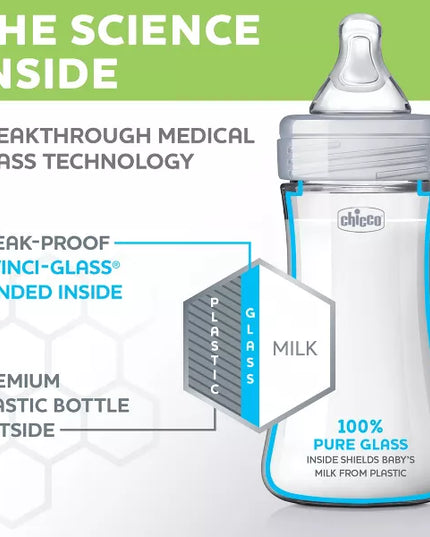 Baby bottle with glass interior and plastic exterior, labeled 'Chicco', on a white background with green and blue text.