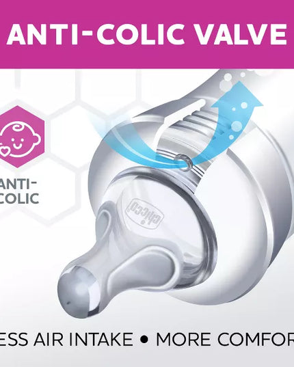 Bottle with anti-colic valve feature on a white background