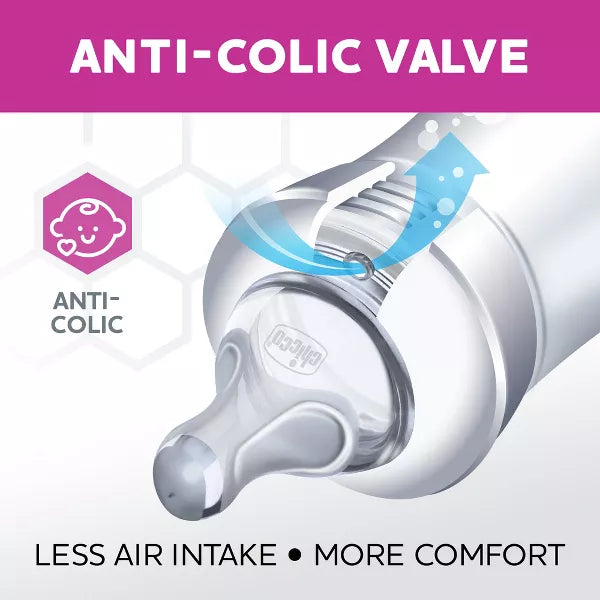 Bottle with anti-colic valve feature on a white background