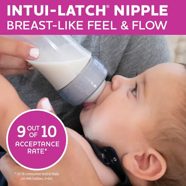 Baby being fed from a bottle with an Intui-Latch nipple, labeled '9 out of 10 acceptance rate'.