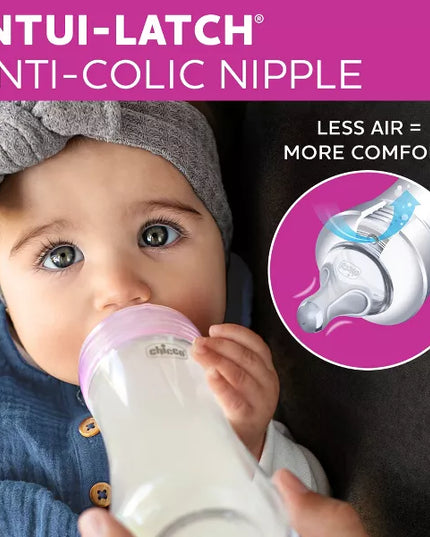 Baby holding a bottle with Intui-Latch Anti-Colic Nipple feature highlighted.
