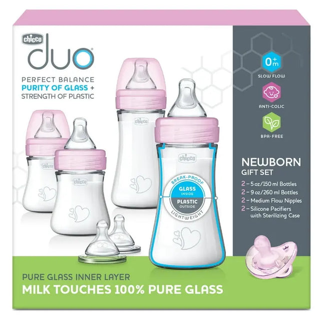Chicco Duo baby bottle set packaging with bottles and pacifier on a white background