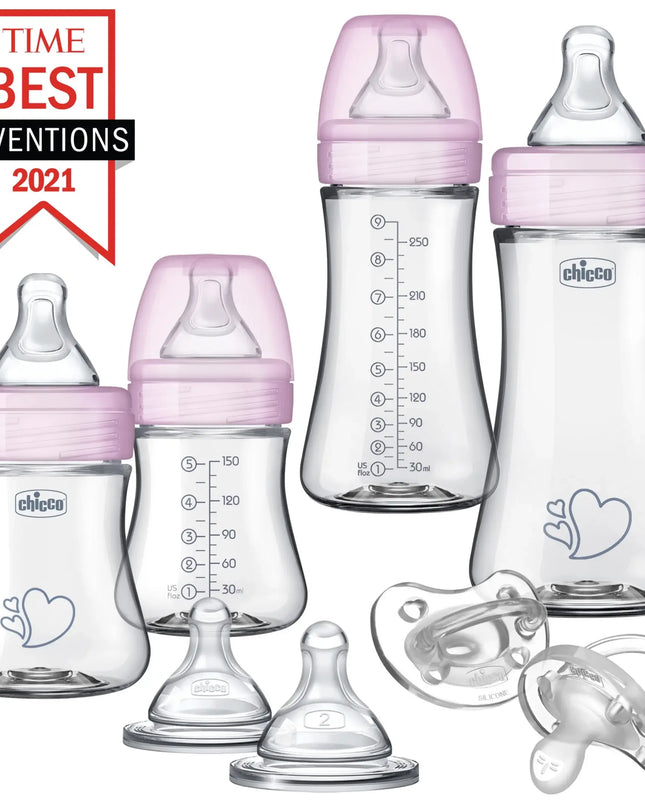 Set of Chicco baby bottles and pacifiers with 'Time Best Inventions 2021' label.
