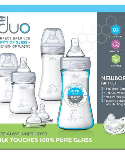 Chicco Duo baby bottle set packaging with bottles and pacifiers on a white background