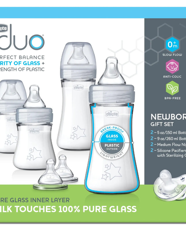 Chicco Duo baby bottle set packaging with bottles and pacifiers on a white background