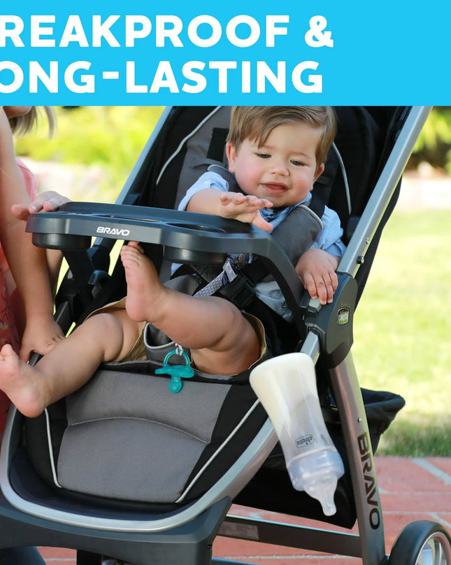 Child in a stroller with a bottle, surrounded by text 'Breakproof & Long-Lasting' on a blue background.