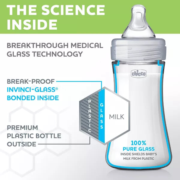 Baby bottle with glass interior and plastic exterior, labeled 'Chicco', on a white background with green and blue text.