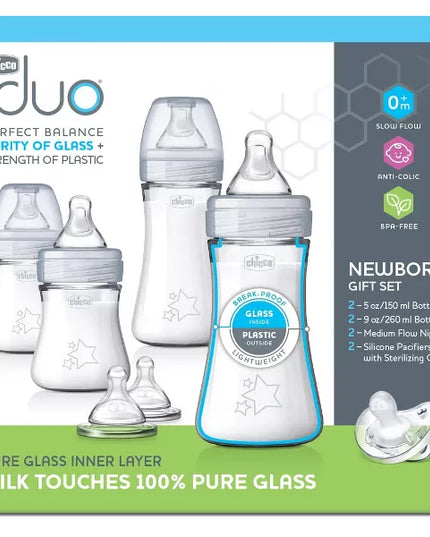 Chicco Duo baby bottle set packaging with bottles and pacifiers on a white background