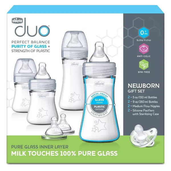 Chicco Duo baby bottle set packaging with bottles and pacifiers on a white background