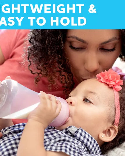 Baby drinking from a bottle held by a woman with text 'Lightweight & Easy to Hold' on a blue background