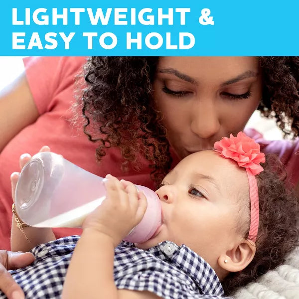 Baby drinking from a bottle held by a woman with text 'Lightweight & Easy to Hold' on a blue background