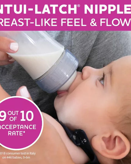 Baby being fed from a bottle with an Intui-Latch nipple, labeled '9 out of 10 acceptance rate'.