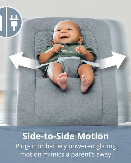 Baby in a gray side-to-side motion chair with text about plug-in or battery-powered gliding motion.