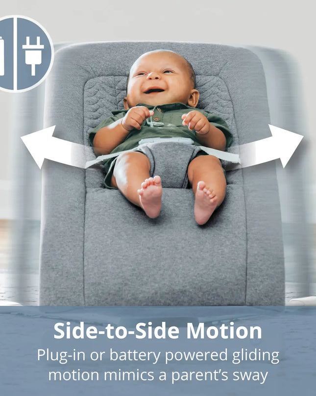 Baby in a gray side-to-side motion chair with text about plug-in or battery-powered gliding motion.