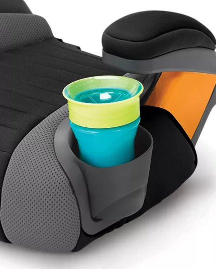 Car seat with a cup holder holding a green and blue cup.
