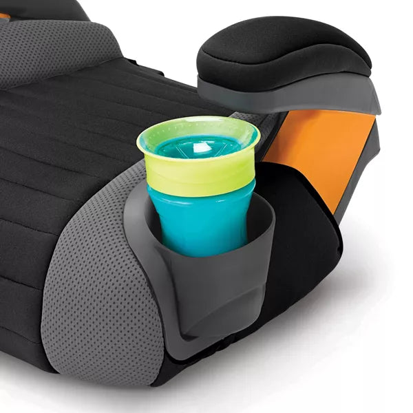Car seat with a cup holder holding a green and blue cup.