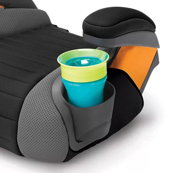 Child car seat with cup holder holding a green and blue sippy cup.