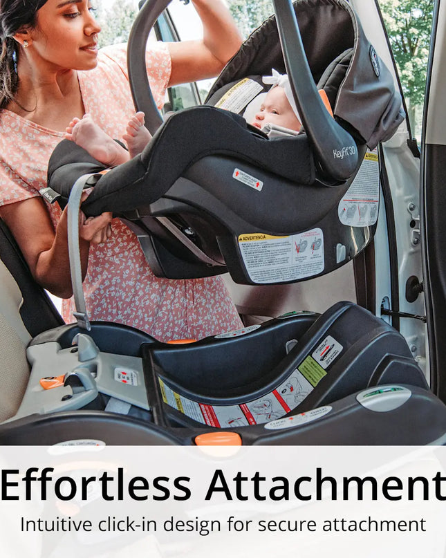 Woman securing a baby in a car seat with 'Effortless Attachment' text overlay.