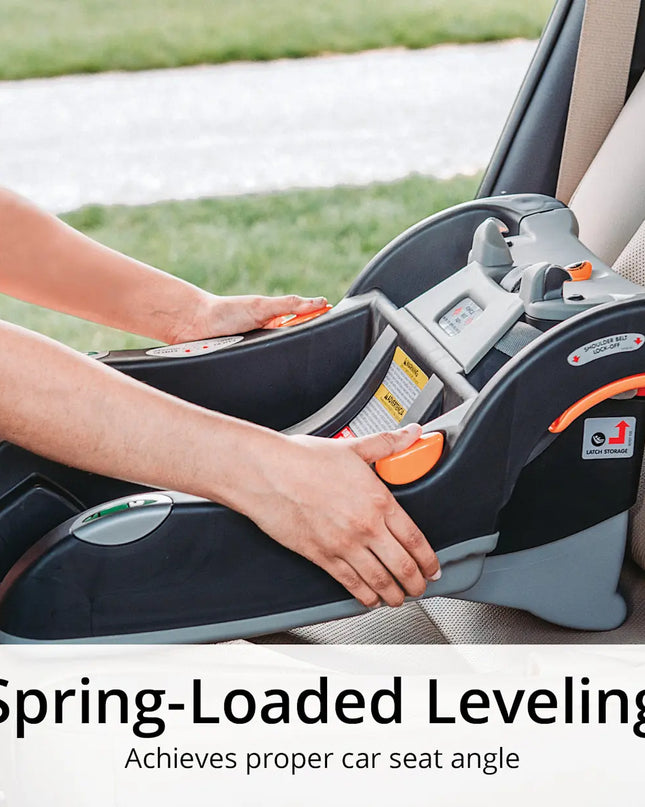 Person adjusting a car seat with spring-loaded leveling feature in a vehicle.