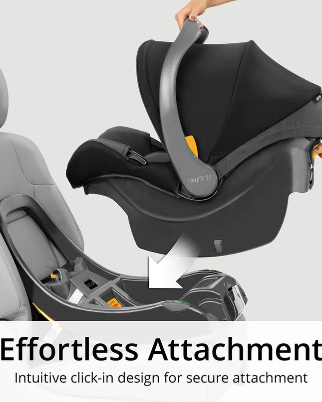 Baby car seat with intuitive click-in design for secure attachment, shown on a gray background.