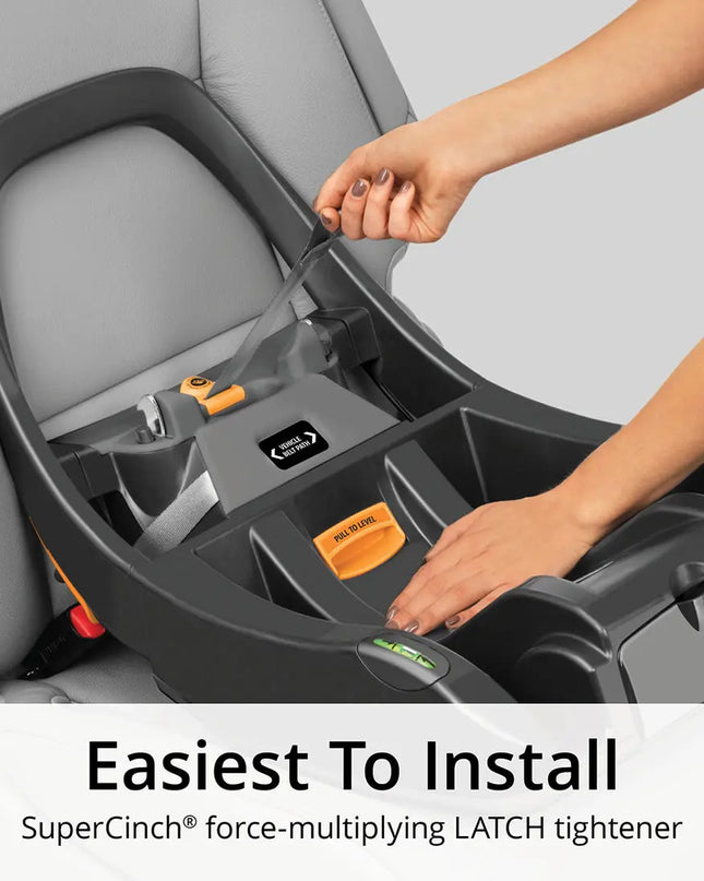 Person installing a car seat with SuperCinch LATCH system, text 'Easiest To Install' displayed.