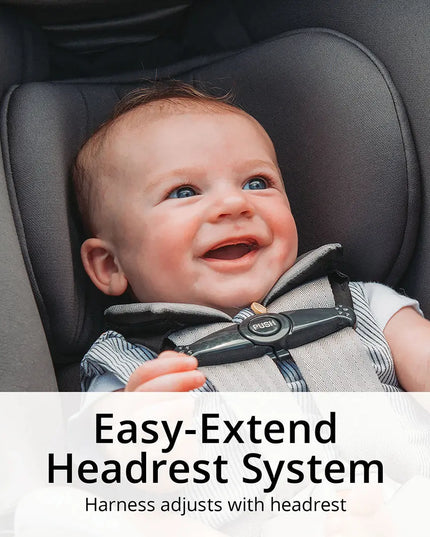 Baby in a car seat with an 'Easy-Extend Headrest System' label.