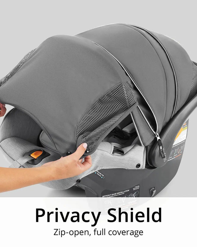 Car seat with aPrivacy Shield feature on a gray background