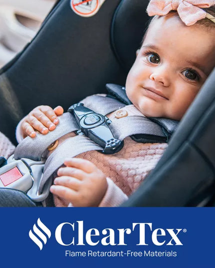 Baby in a car seat with ClearTex logo at the bottom