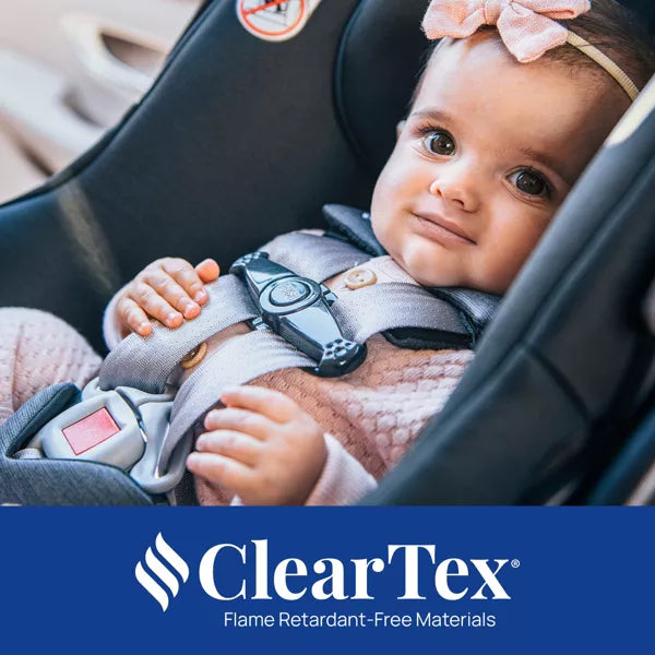 Baby in a car seat with ClearTex logo at the bottom