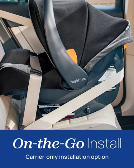 Child car seat with 'On-the-Go Install' text in a vehicle interior