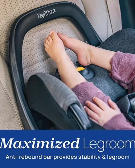 Car seat with 'Keyfit Max' branding and text about maximized legroom and anti-rebound bar.
