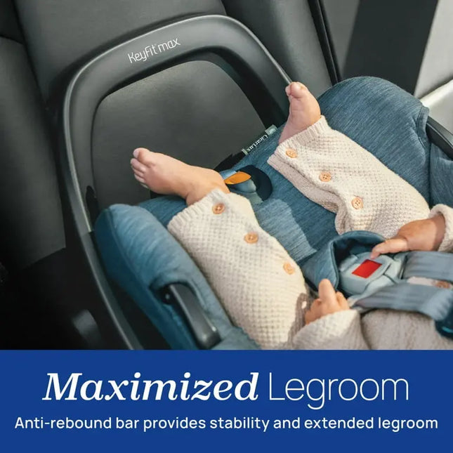 Child in a car seat with 'Keyfit Max' branding, emphasizing maximized legroom.