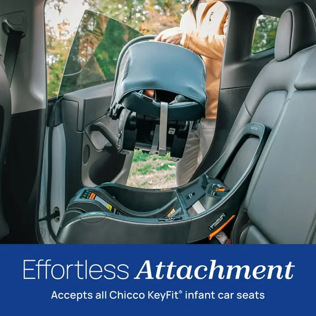 Chicco KeyFit infant car seat attached to a car seat base with text 'Effortless Attachment' and 'Accepts all Chicco KeyFit infant car seats'.