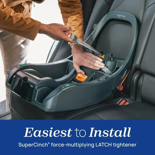 Person installing a car seat with 'Easiest to Install' text and product features.